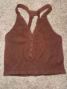 Ododos Ribbed Racerback Snap Front Crop Tank Top Brown Size M/L